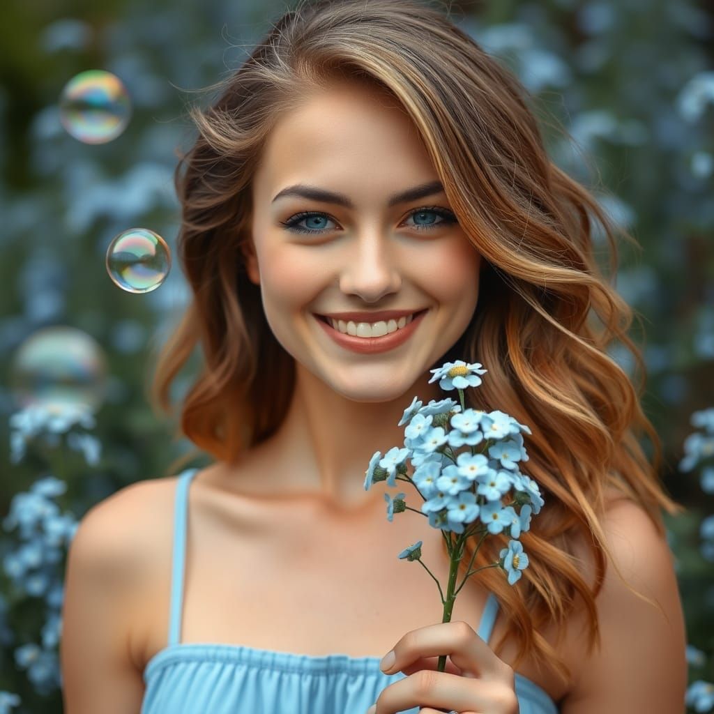 Woman in Garden Holding Forget-me-not Flowers