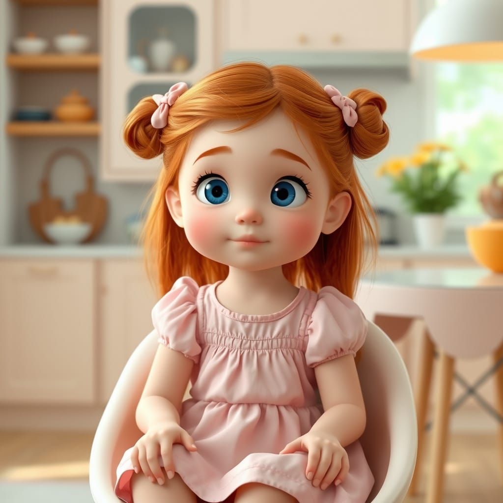 Adorable Girl in Kitchen, Disney-Pixar Style