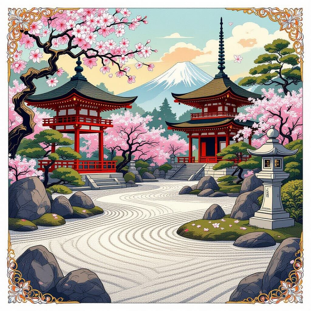 Japanese Garden Tattoo Sheet in Woodblock Print Style