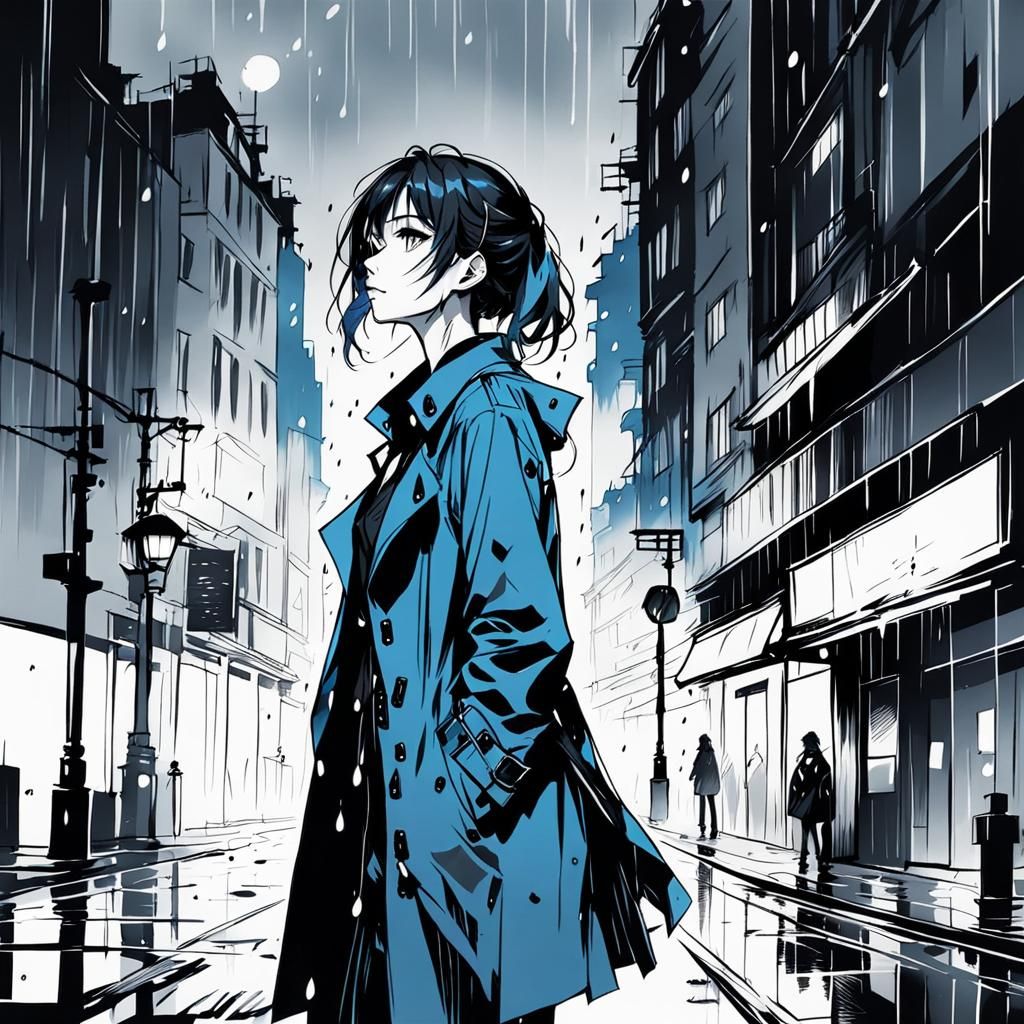 Melancholy Anime Girl in Rain, Ink Sketch