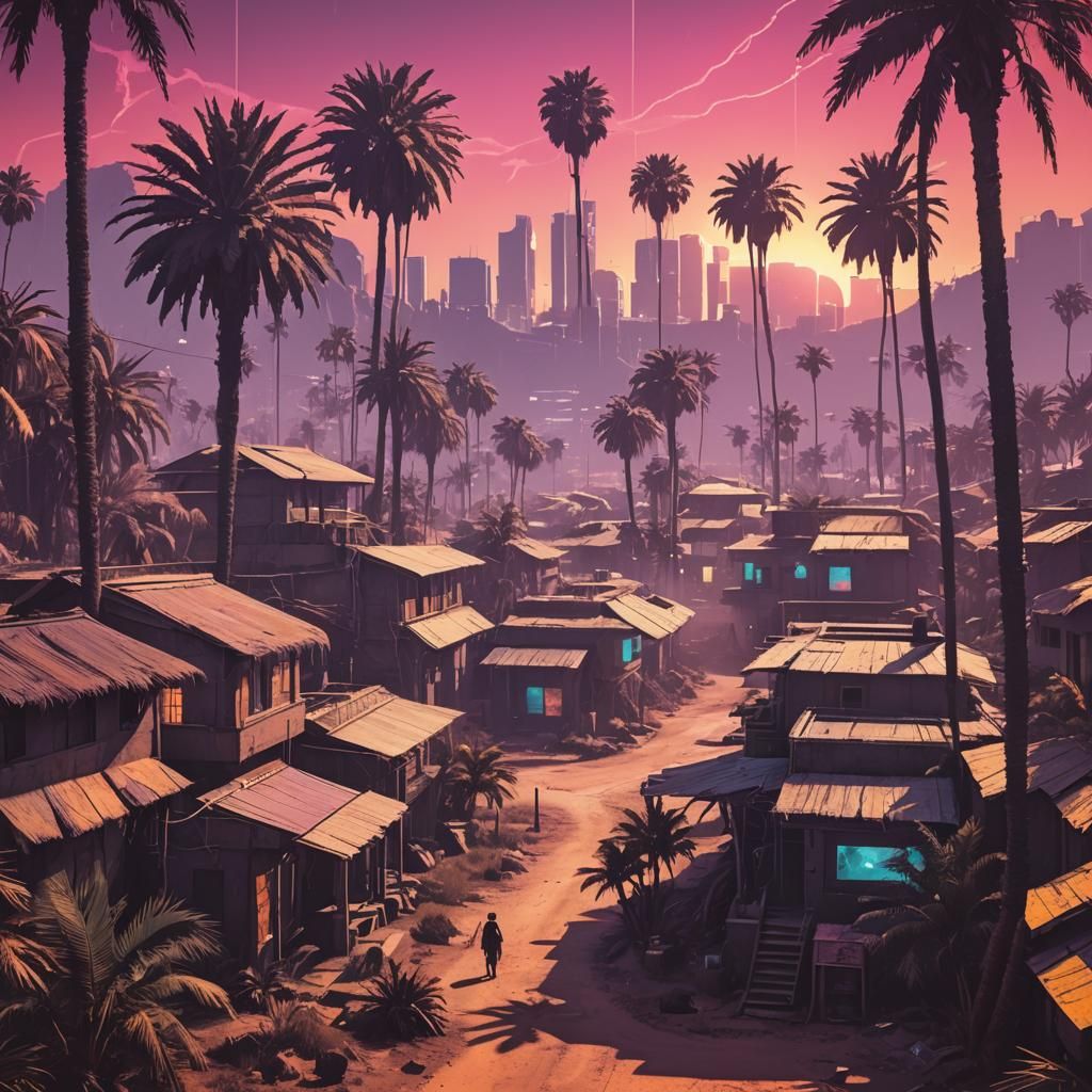 Futuristic African Village Poster in Cyberpunk Style