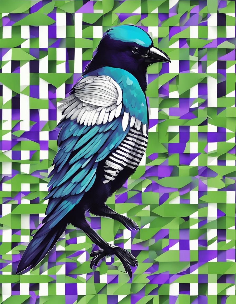 Humanoid Magpie Bird with Plaid Wings