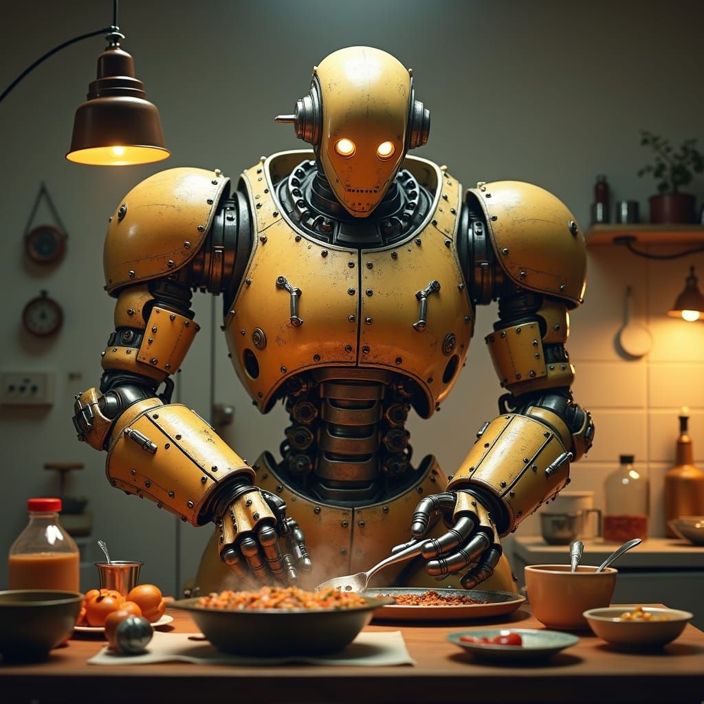 Visualize a towering war robot standing in a warm, homely kitchen. Massive in stature, with a body built of glinting ste...