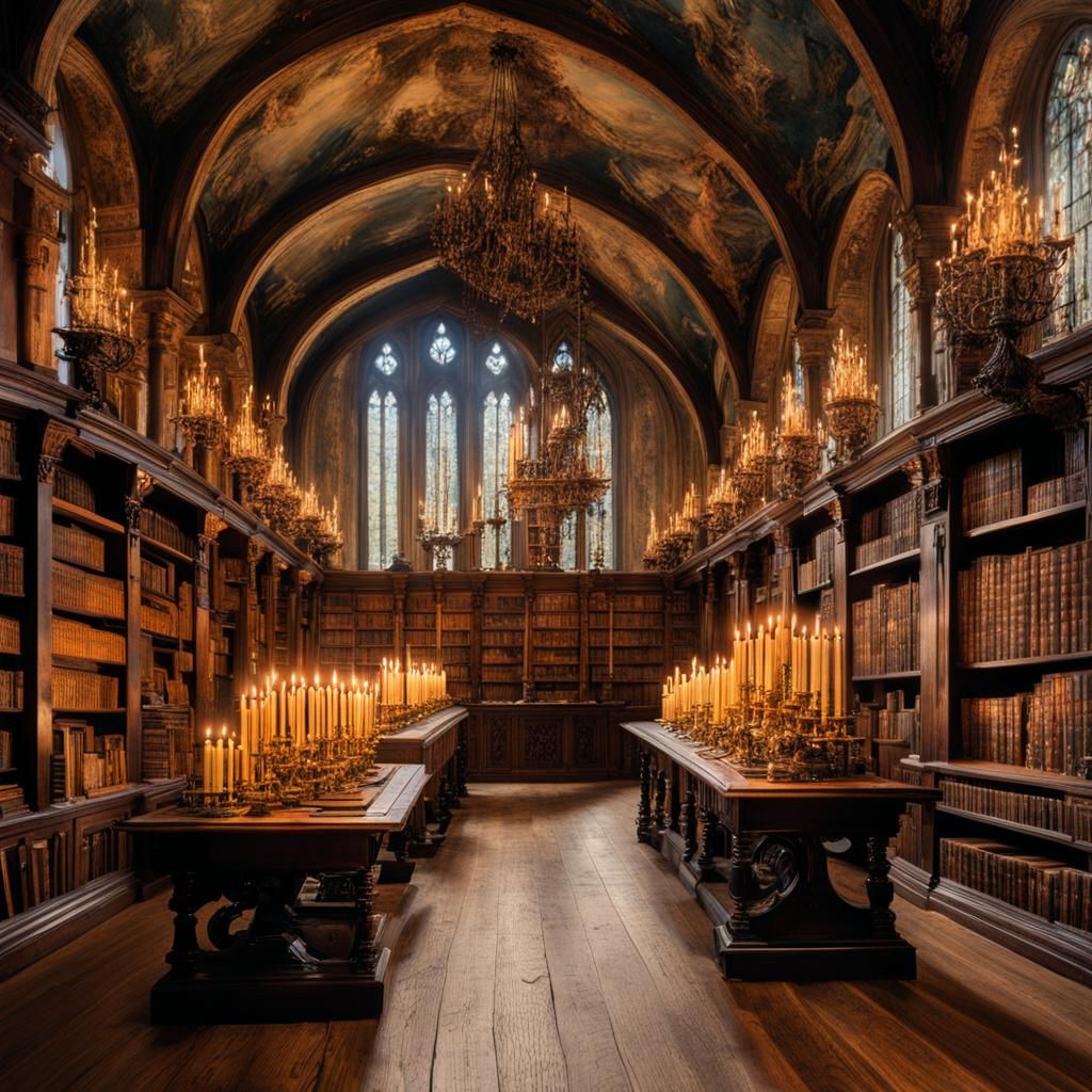 Mysterious Ancient Library with Candlesticks in Detailed Sty...
