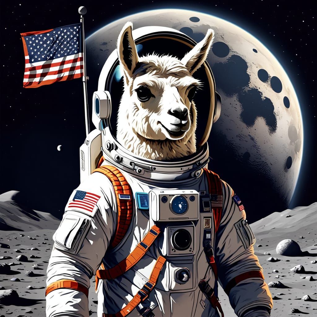 Llama Astronaut Explores the Moon in a Colorful Naive Art St...