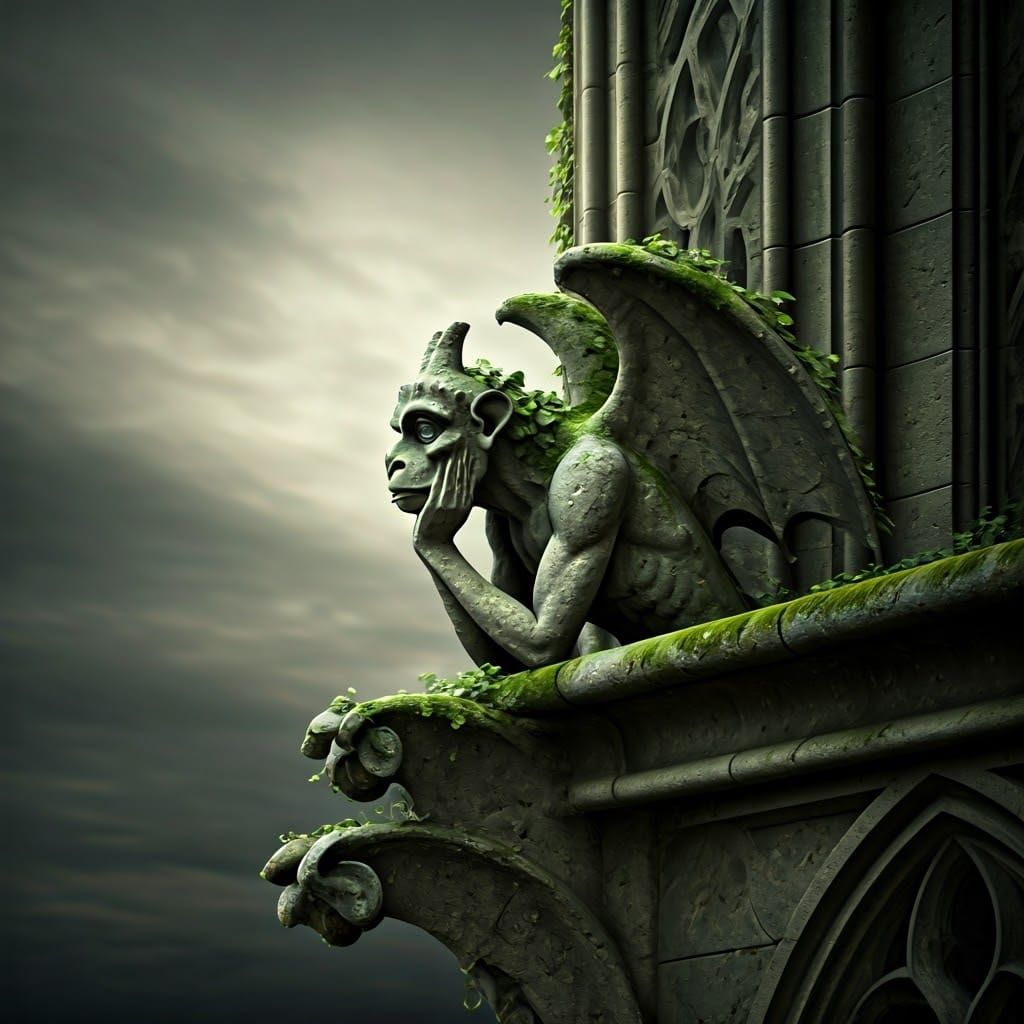 Gargoyle Contemplation on Gothic Castle Ledge