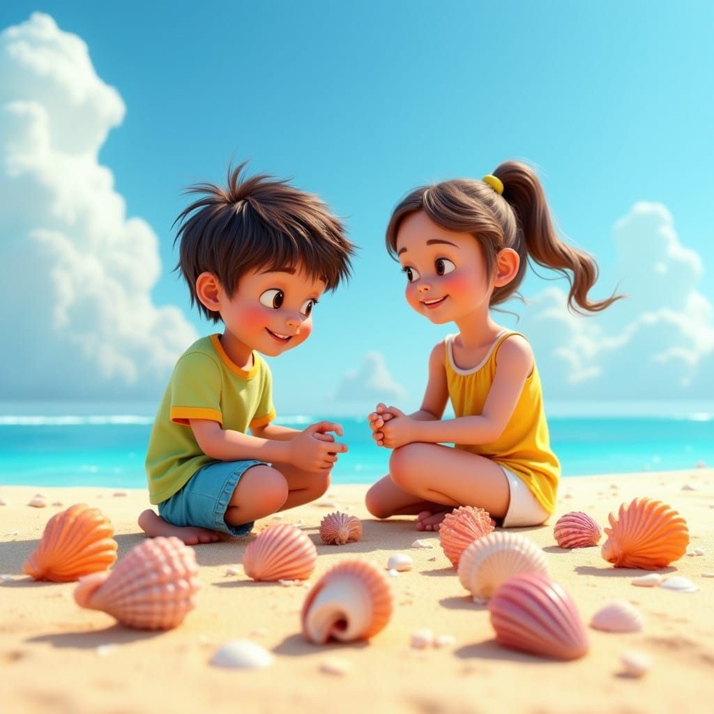 Colorful Beach Scene with Two Children Collecting Shells in ...