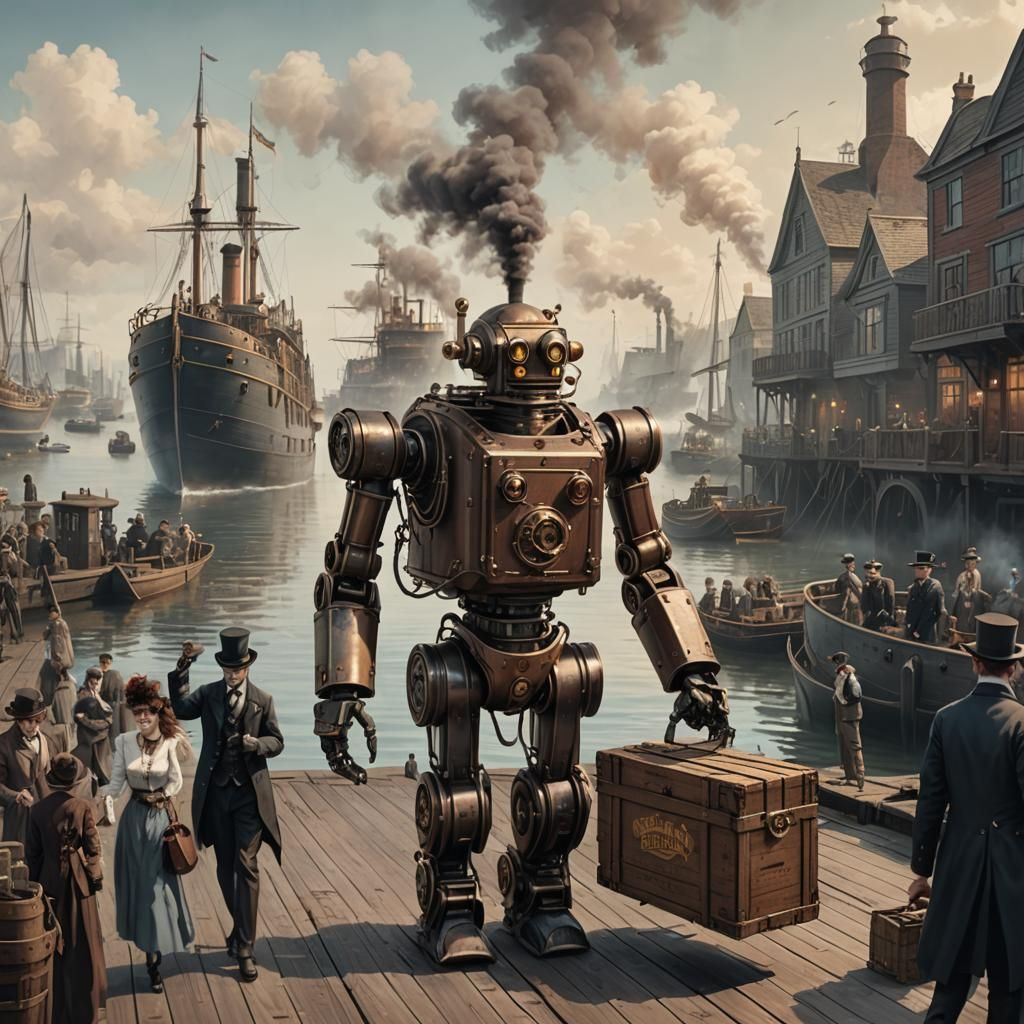 Steampunk Robot Walks Victorian Dockside Scene