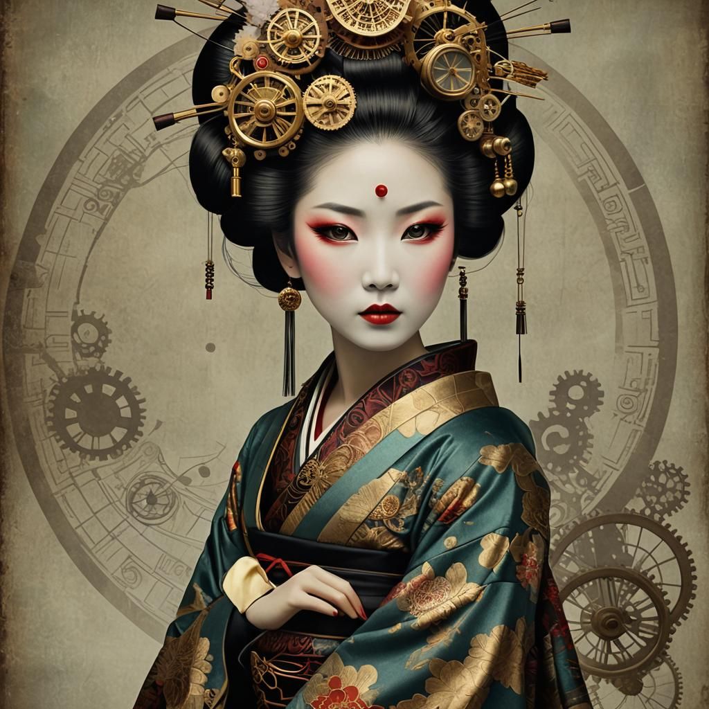 Steampunk Geisha in Surreal Digital Collage Style