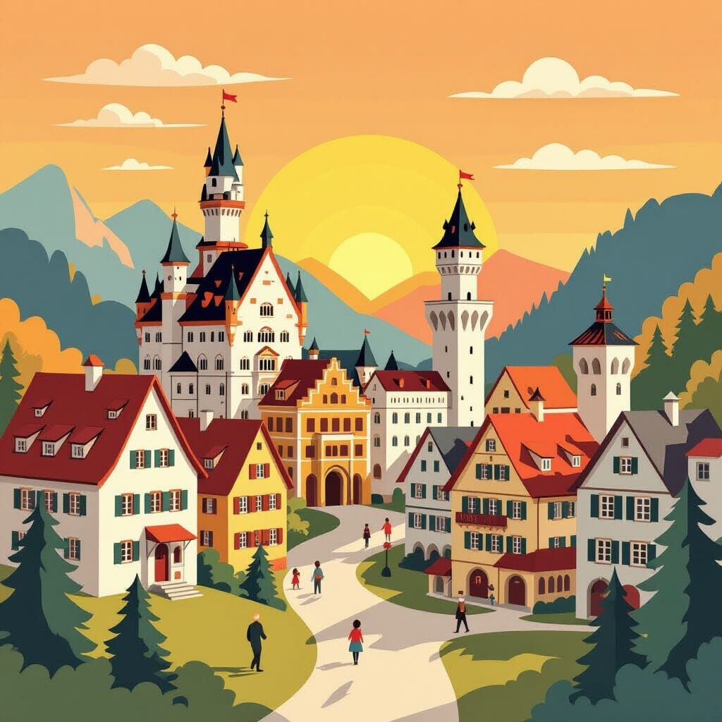 Paper Bavarian Village at Sunset, Storybook Style