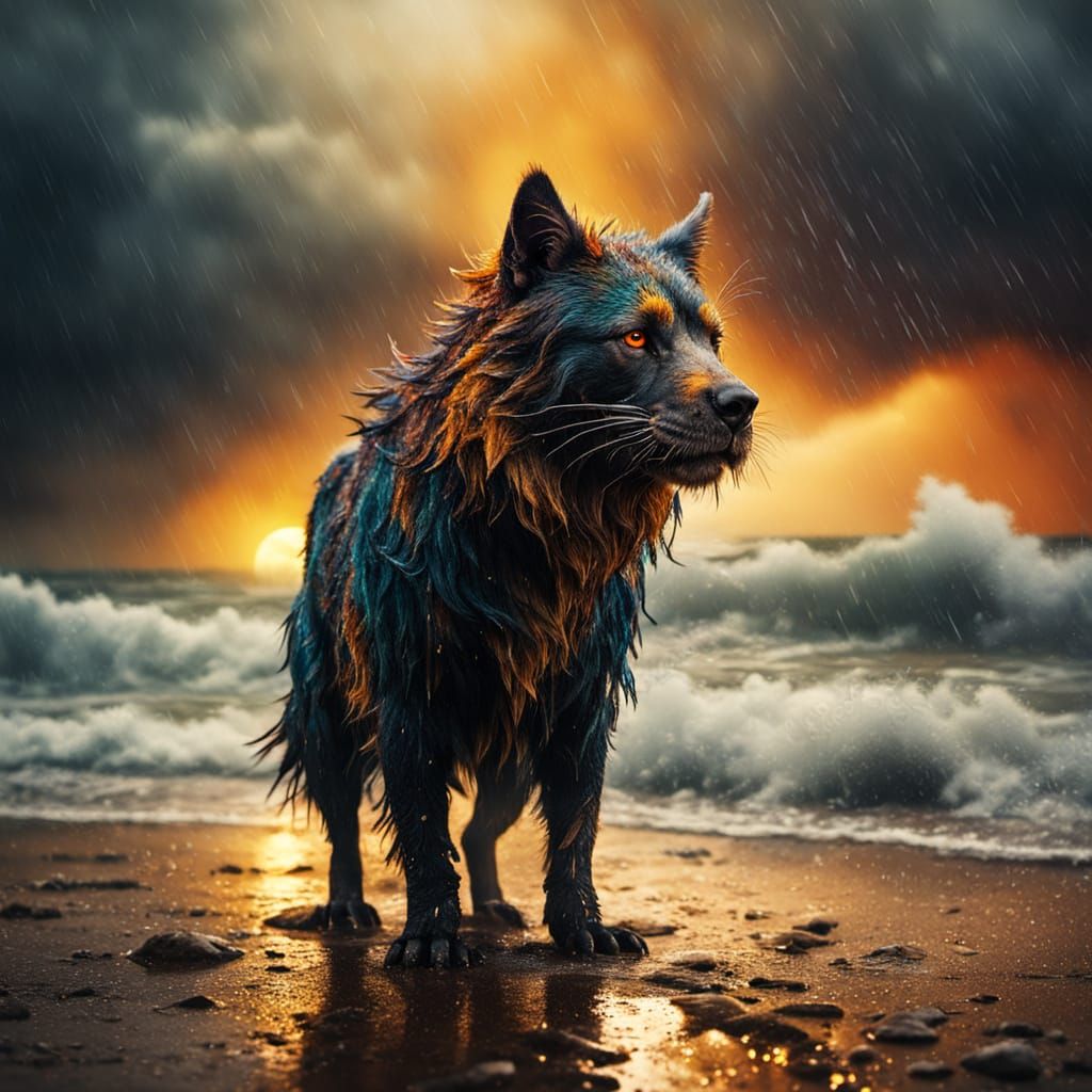 Surreal Beast on Rainy Beach: Vibrant Oil Painting
