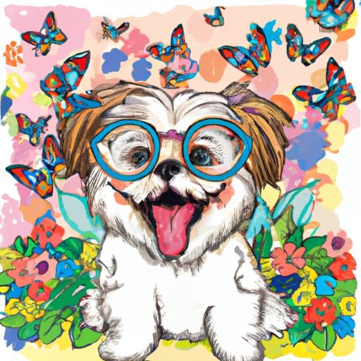 Laughing Dog with Glasses Amidst Flowers