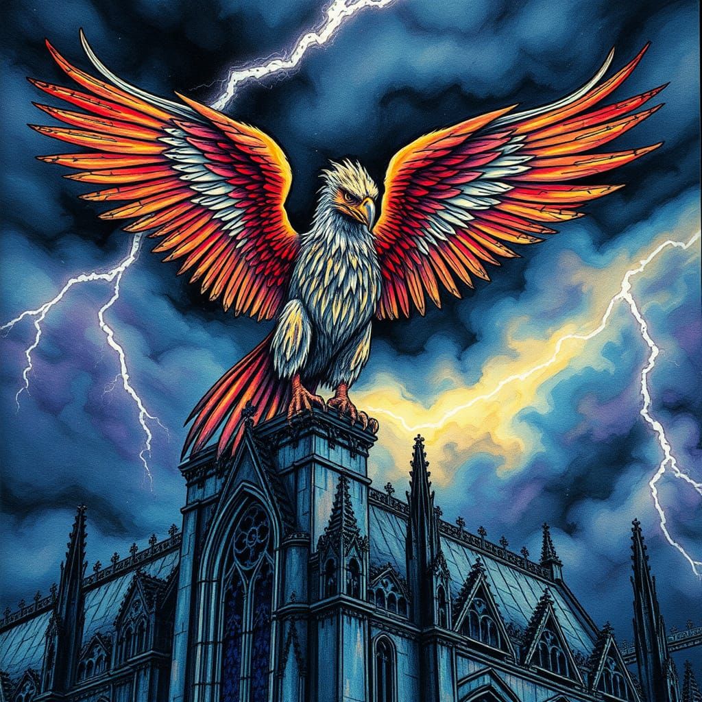 Majestic Griffin in Stormy Night Sky, Ink Illustration