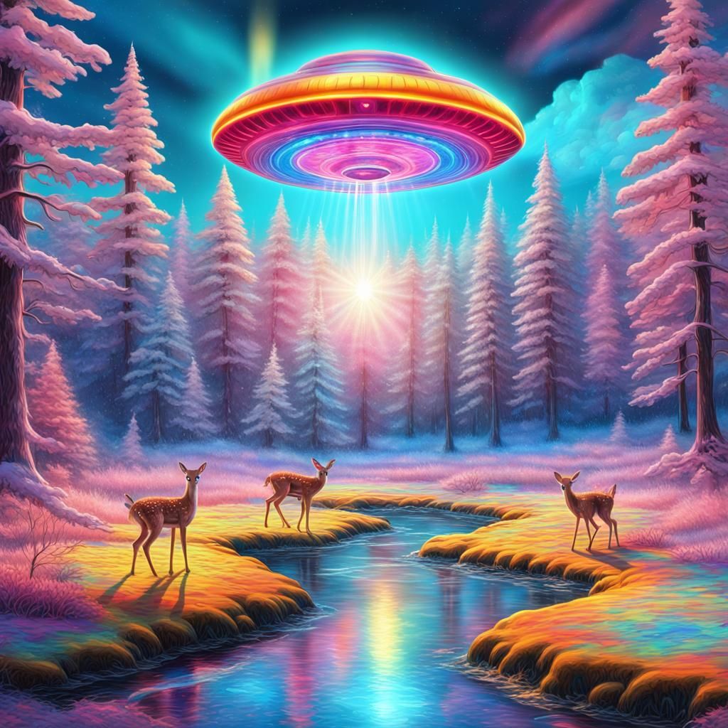 Psychedelic UFOs in Winter Forest, Pop Art Style