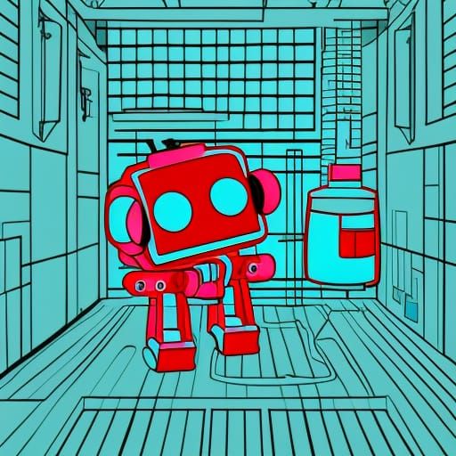 Red and Cyan Robot in Cyberpunk Style