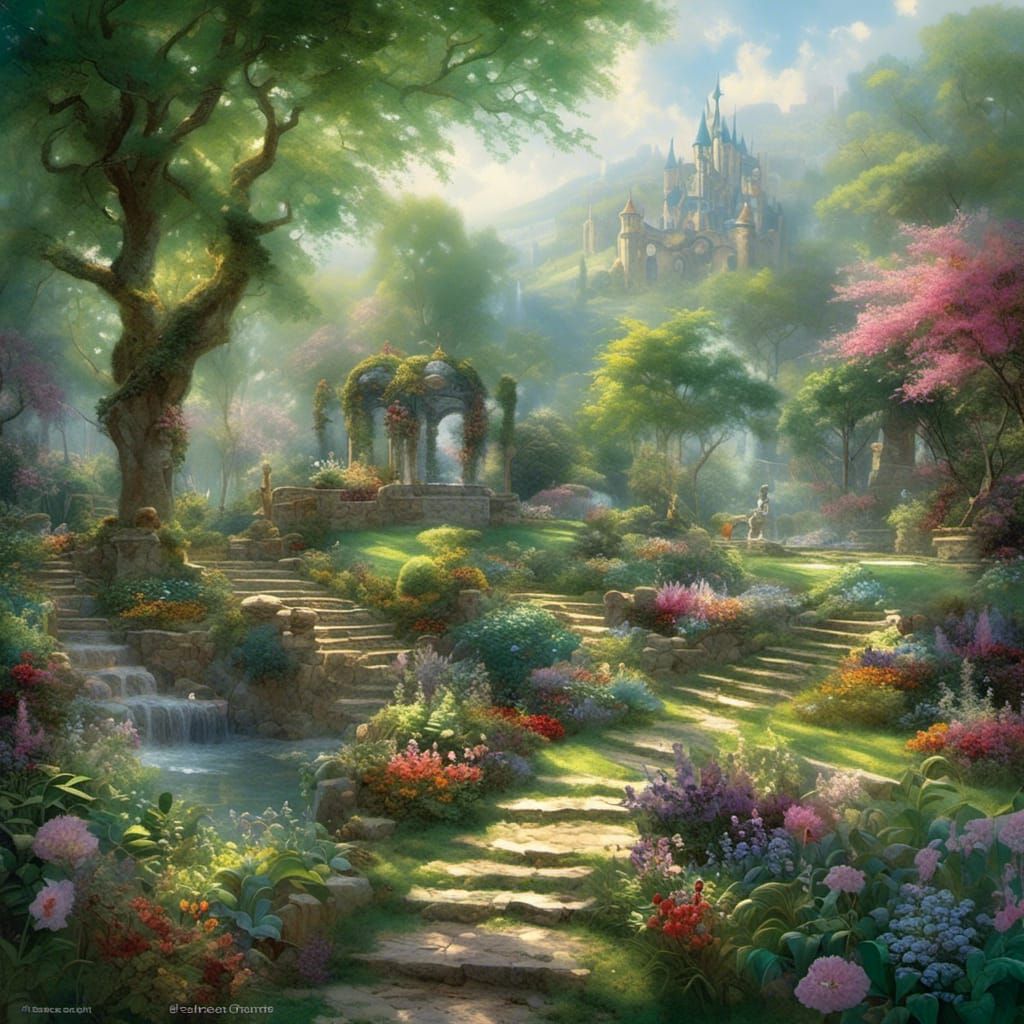 Lush Spring Garden Illustration in Hyperreal Style