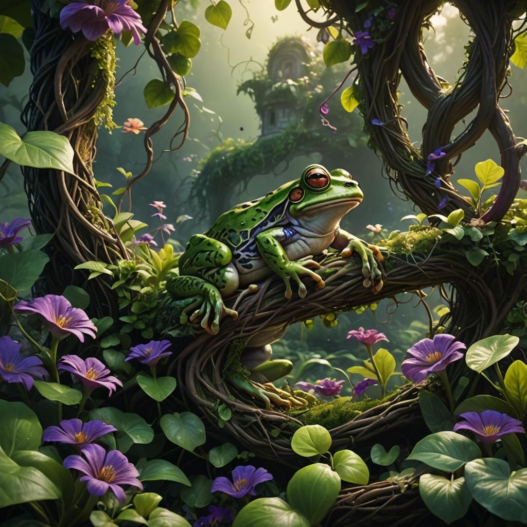 Frog in Lush Vines: A Photorealistic Matte Painting