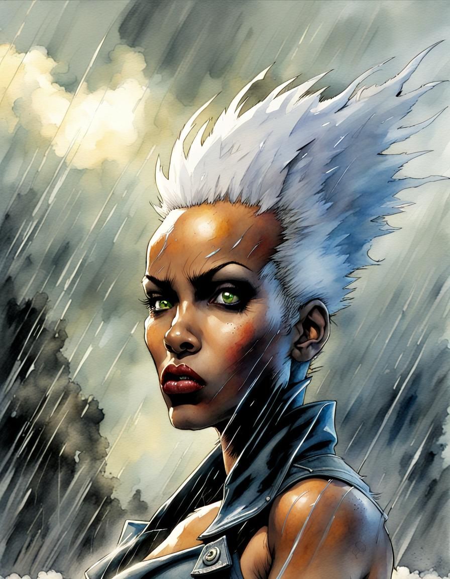 Punk Storm Unleashes Lightning: Watercolor Fantasy Art