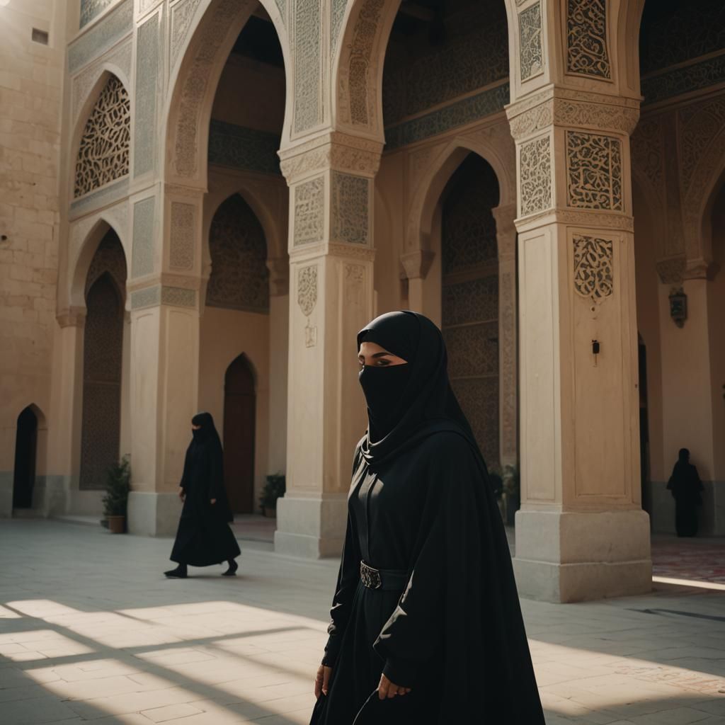 Niqab Woman in Black Suit: Cinematic Film Still