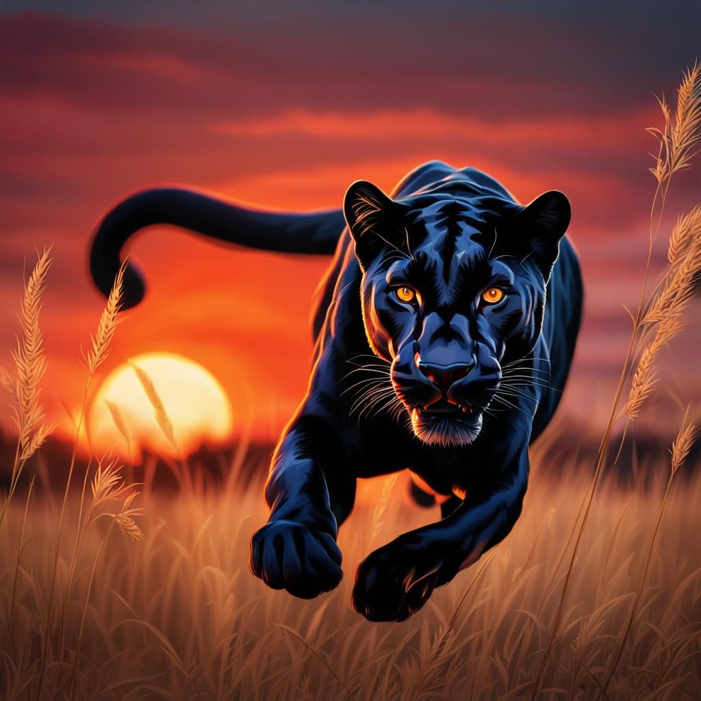 Black Panther Leaps at Sunset: Wildlife Photography