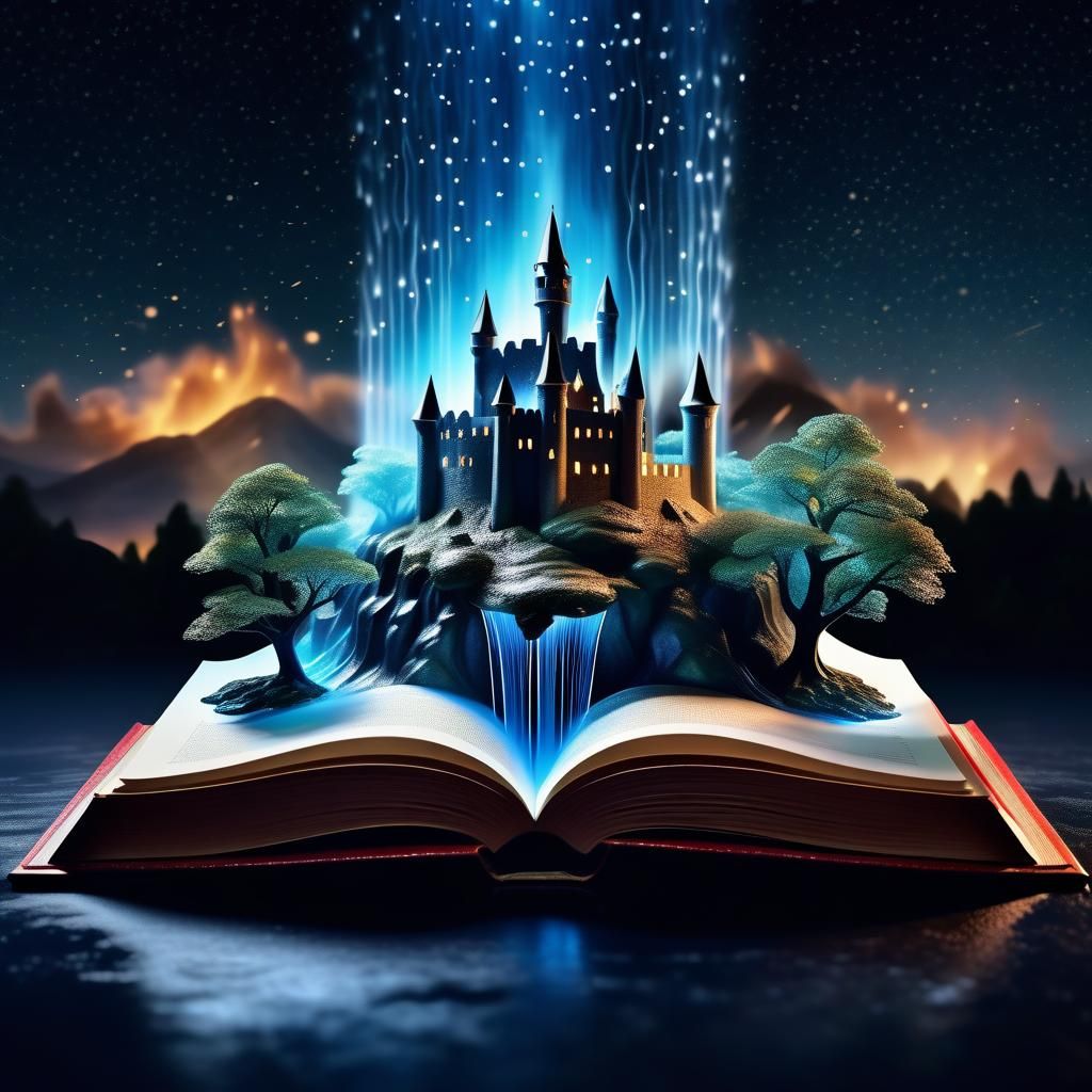 Miniature Castle Erupting from Book, Fantasy Landscape