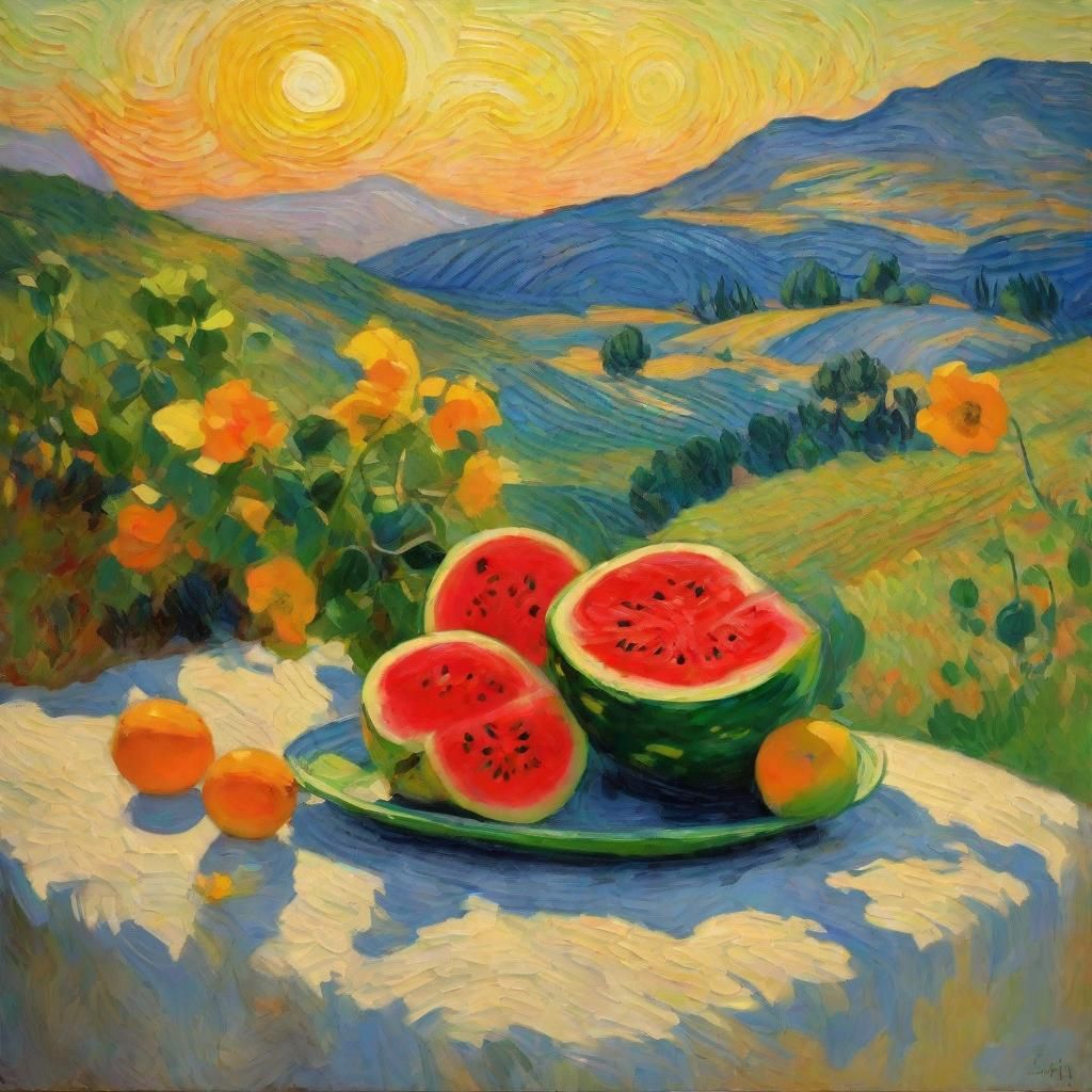 Neo-Impressionist Still Life with Flowers and Watermelon