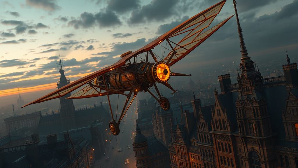Steampunk Ornithopter Soaring Above Victorian Cityscape
