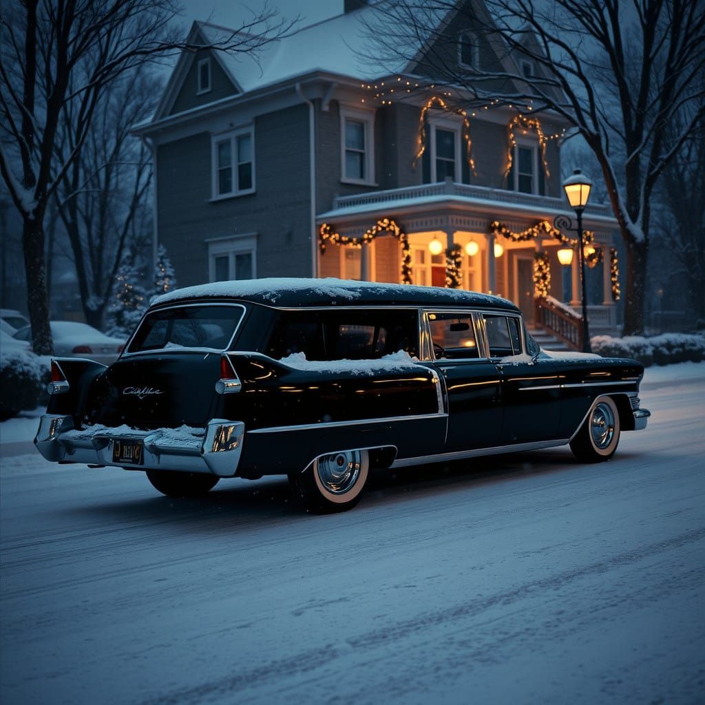 A Majestic 1955 Cadillac Hearse Under Snowy Victorian Splend...