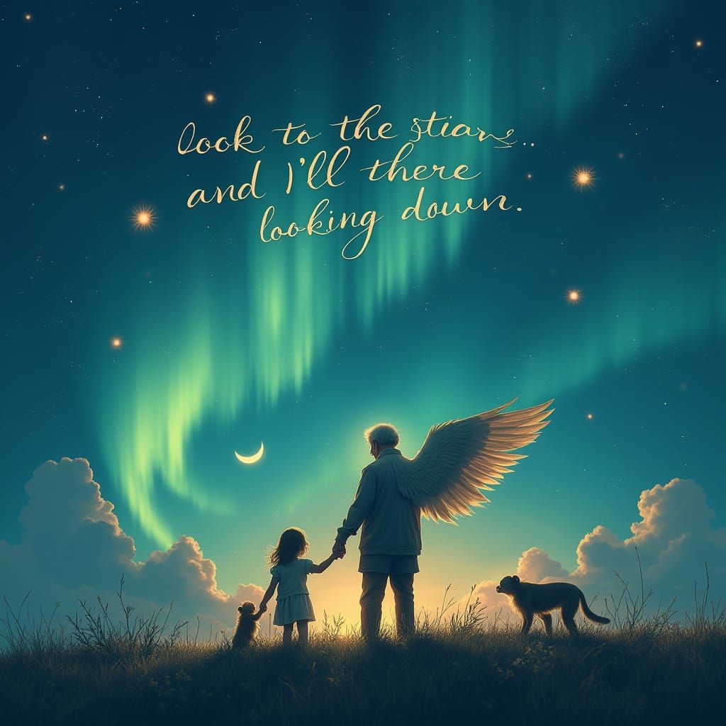 Grandfather with Wings Holding Little Girl and Monkey in Whi...