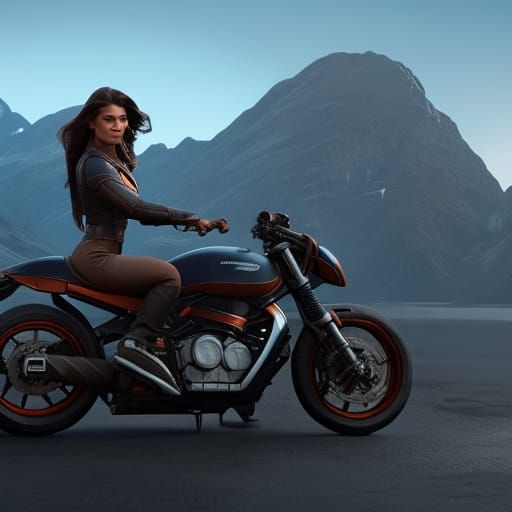 Brunette on Motorcycle: Detailed Matte Painting