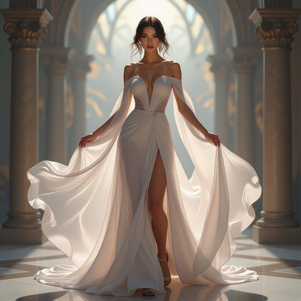 Ethereal Woman in Flowing Silk Gown