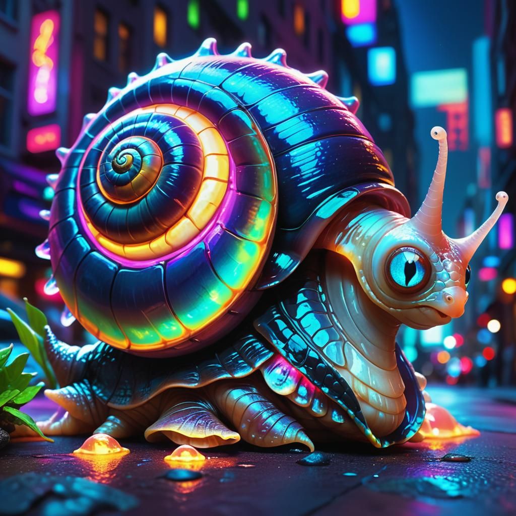 Dragon-Snail Hybrid in Neon Cityscape: Pixar-Inspired Art