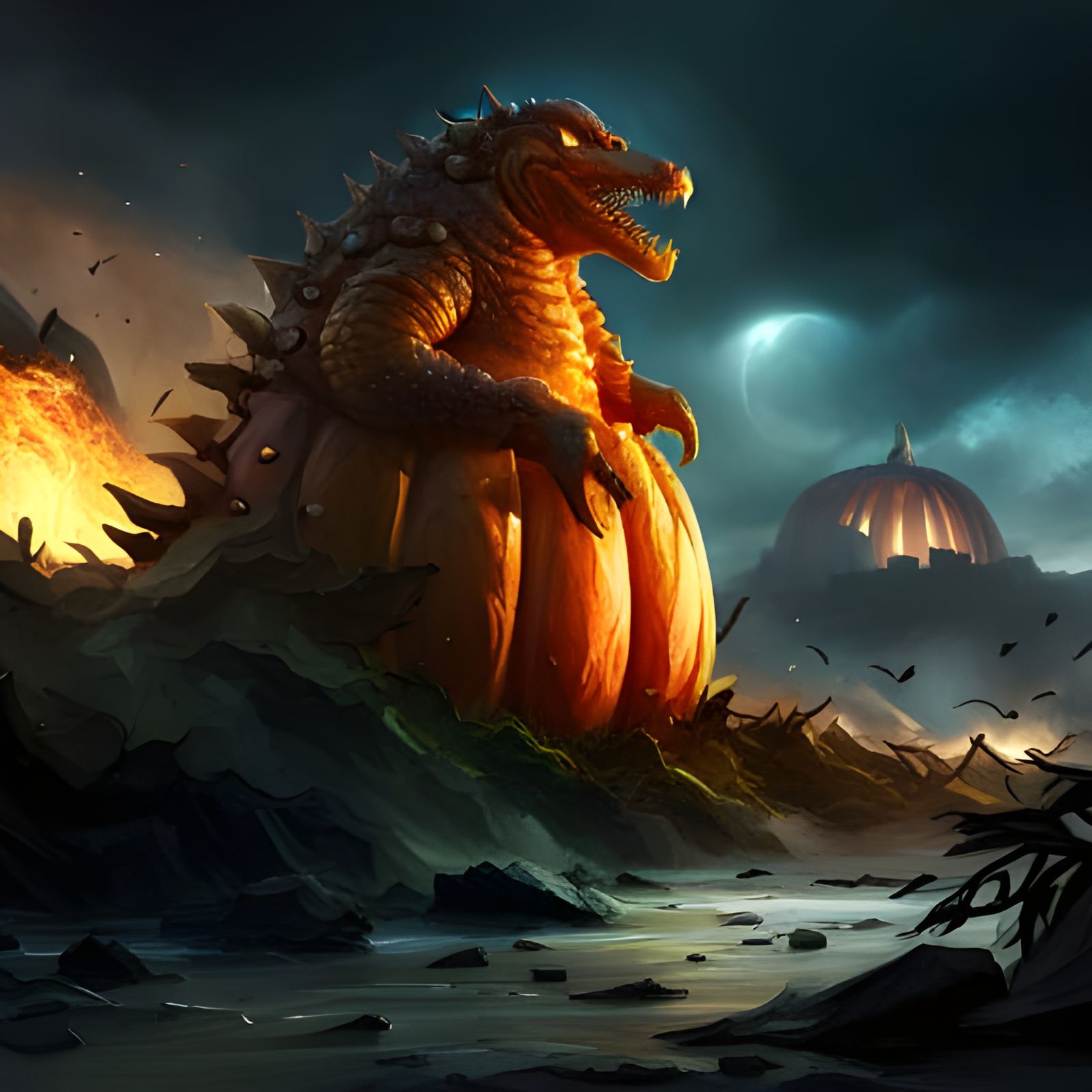 Giant Pumpkin Godzilla Concept Art in Epic Style