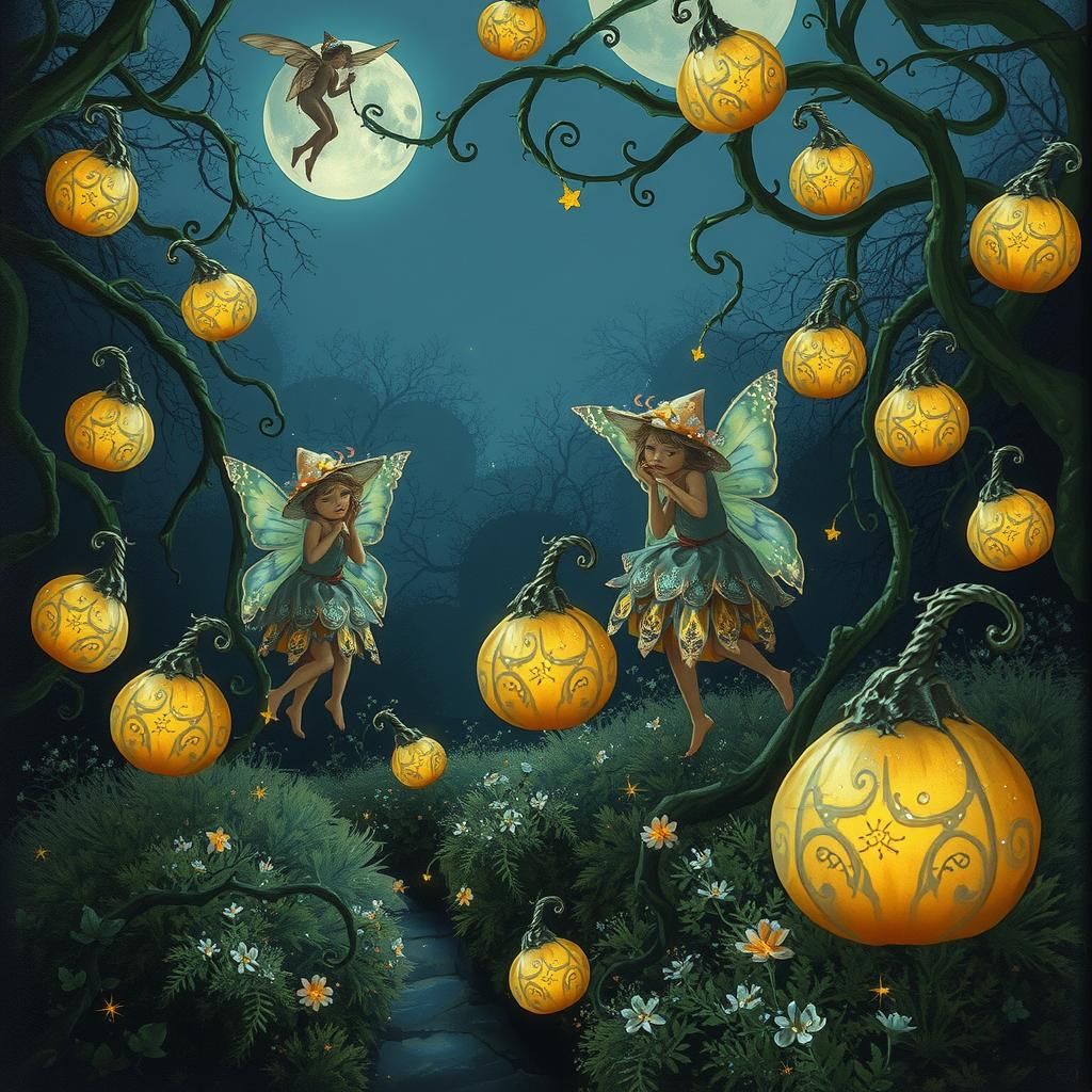 Bioluminescent Gourds and Fairies in Mystical Garden