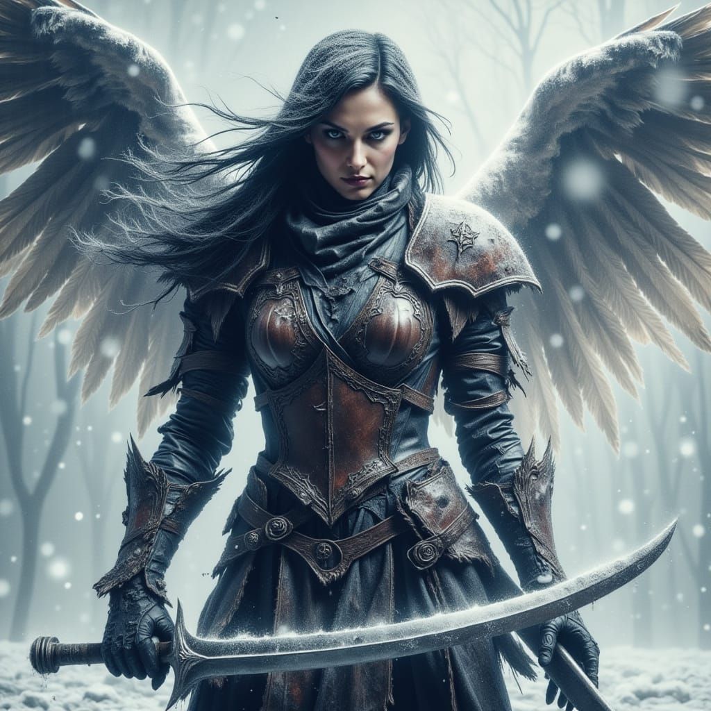 Cyberpunk Warrior Angel in Frosty Wasteland