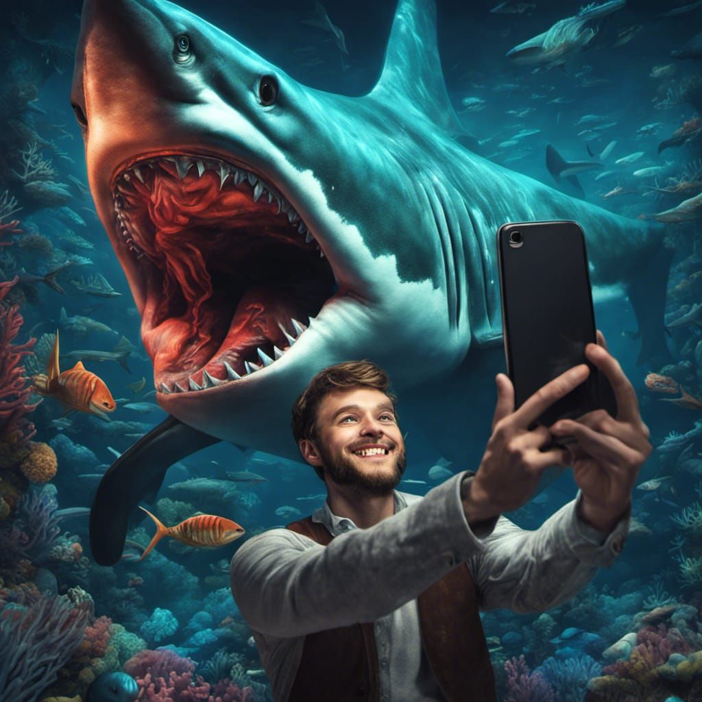 Bioluminescent Shark Selfie: Surreal Hyper-Realistic Masterp...