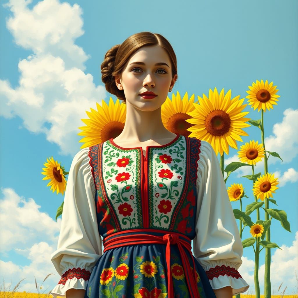 Ukrainian Woman Stands Proud in Vibrant Sunflower Field