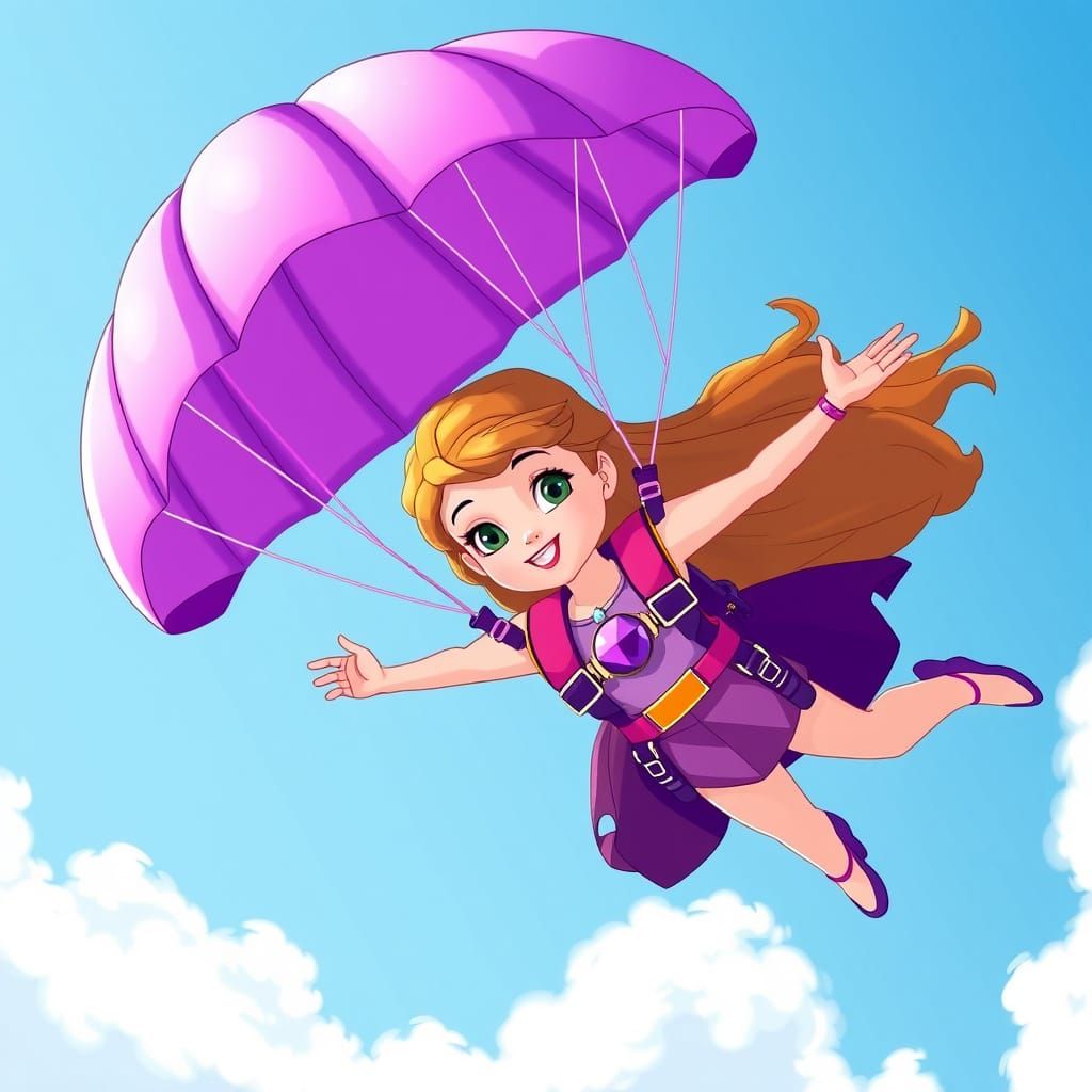Princess Sofia Skydiving with Purple Parachute, Disney Style