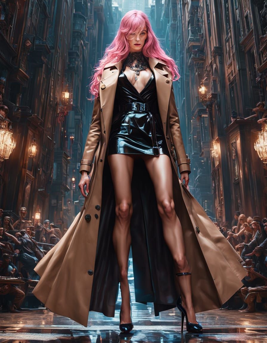 Cinematic Portrait of a Person in Pink Hair and Trench Coat