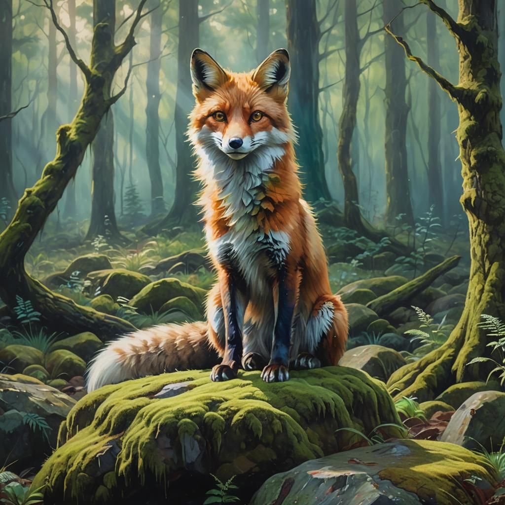 Emerald Fox in Misty Forest: Oil Painting
