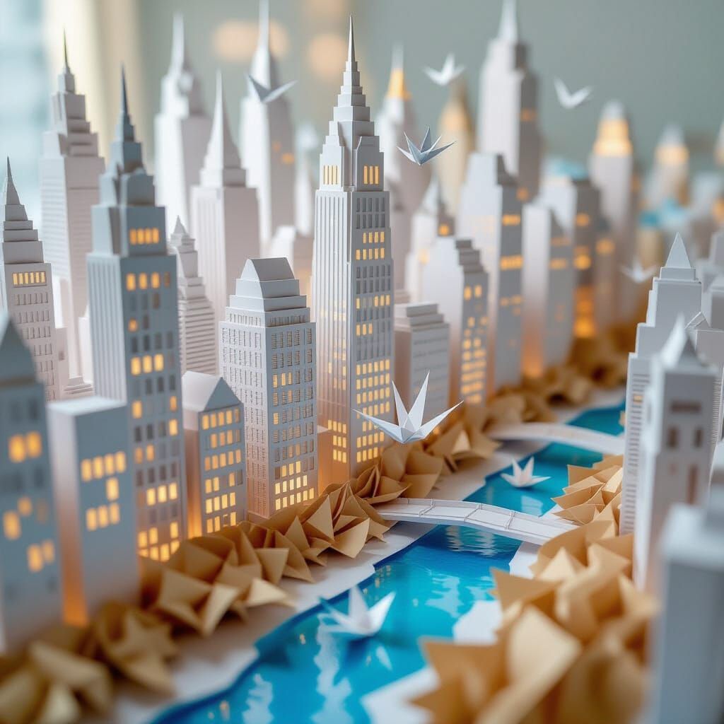Intricate Paper City Metropolis with Origami Cranes