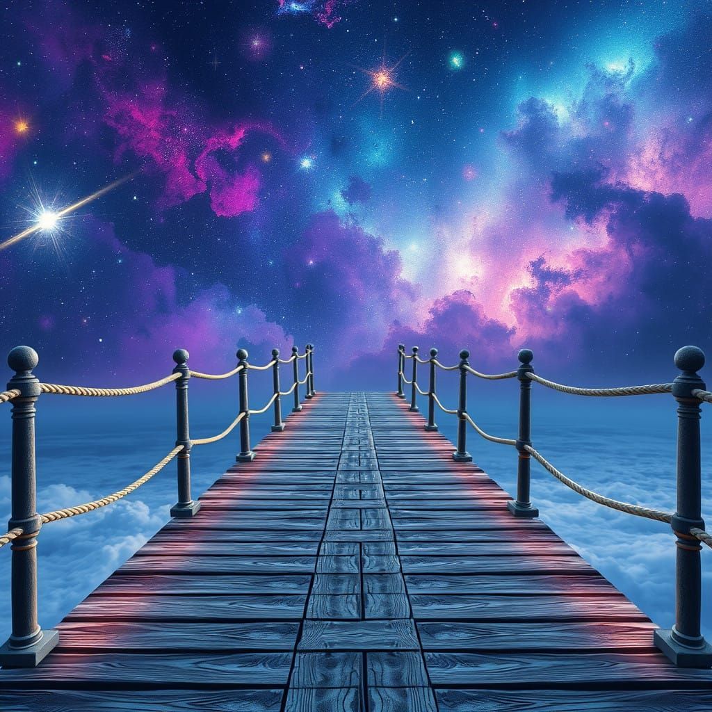 Ethereal Wooden Bridge in Cosmic Expanse