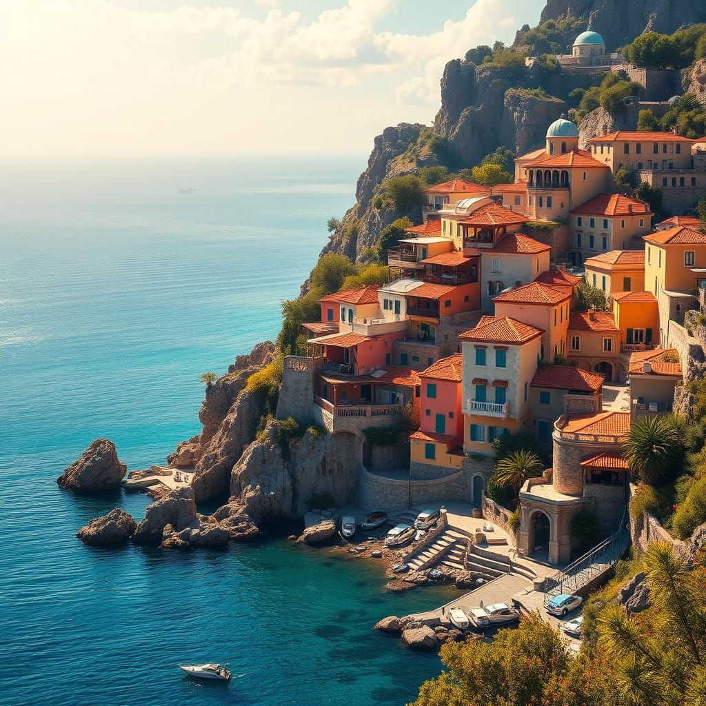 Surreal Springtime Greek Village by the Sea, in Hyperrealist...