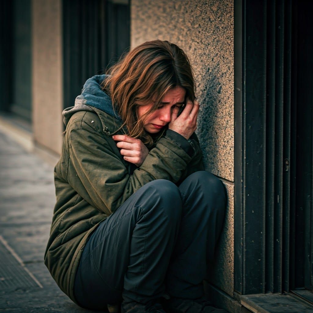 Homeless Girl Crying: Cinematic Street Scene