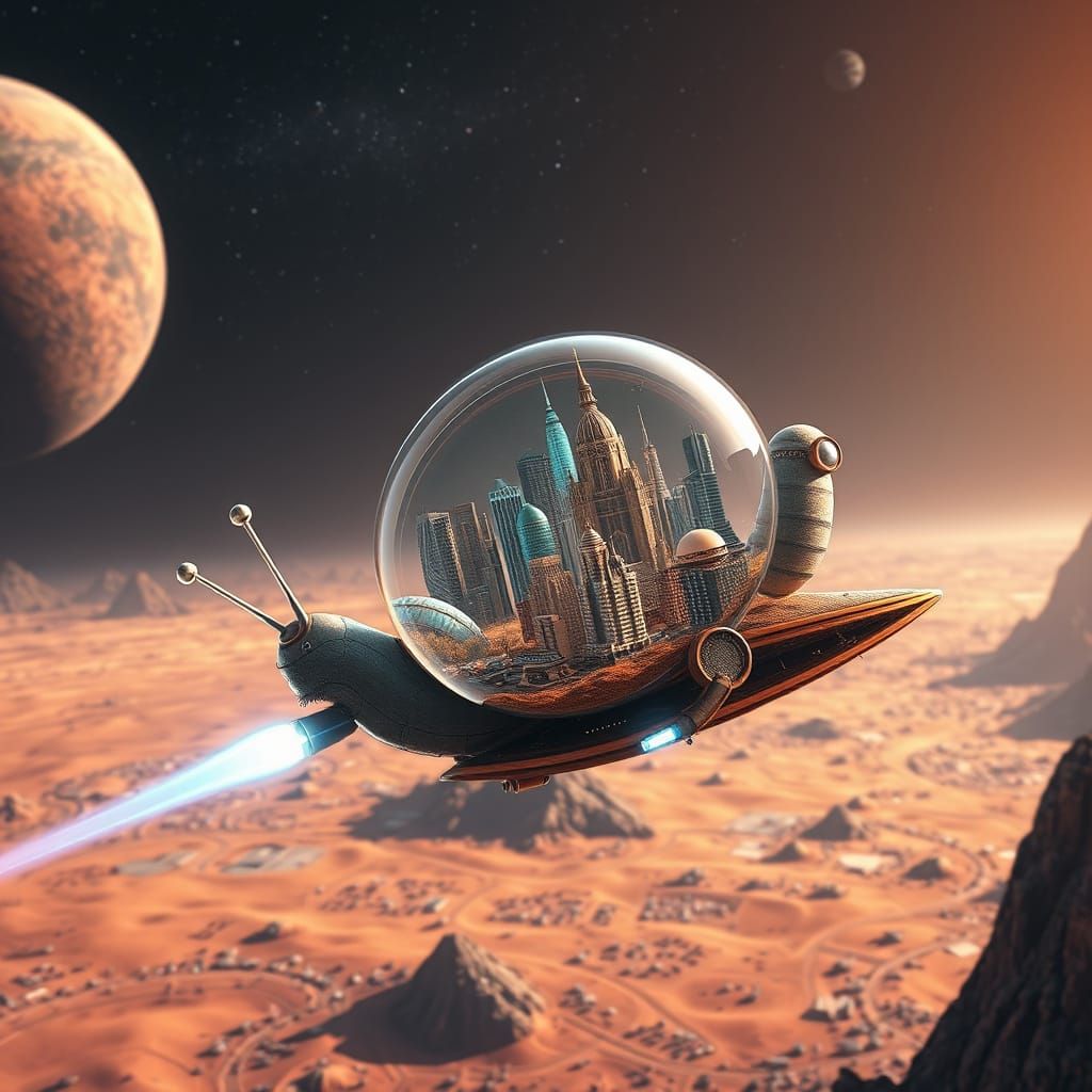 A space robotic glassy snail carrying miniature City flying ...