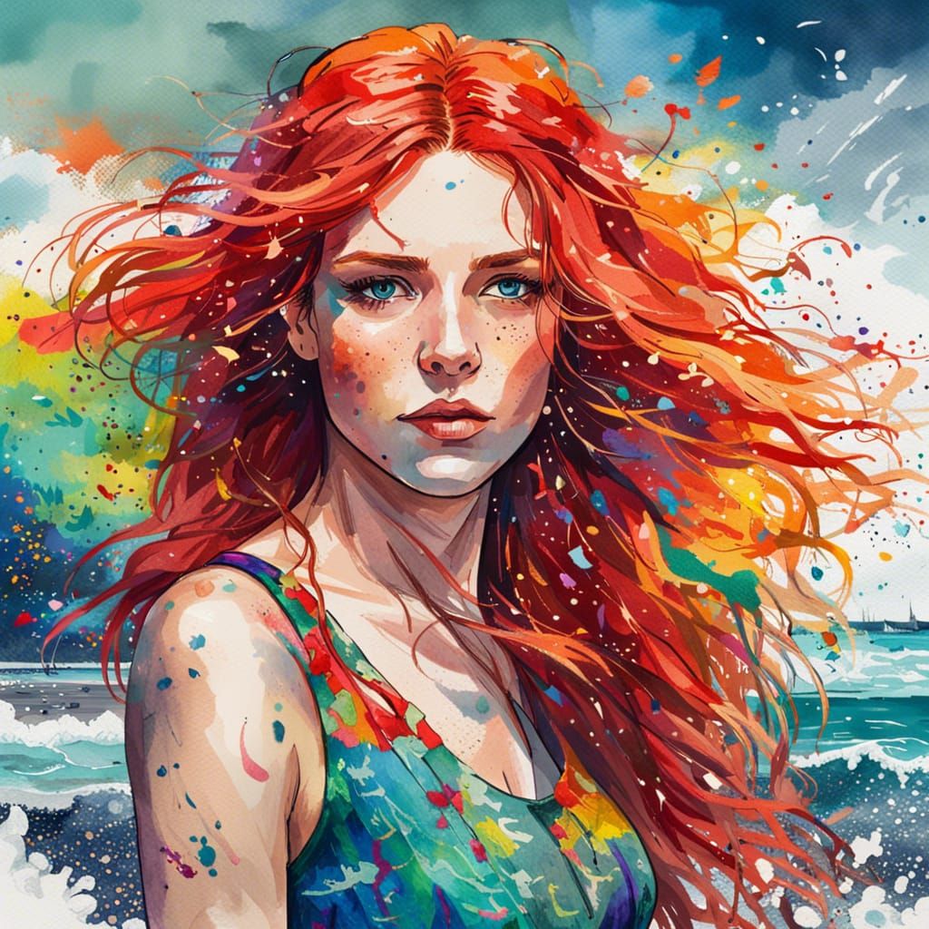 Red Haired Beauty on the Beach, Digital Art