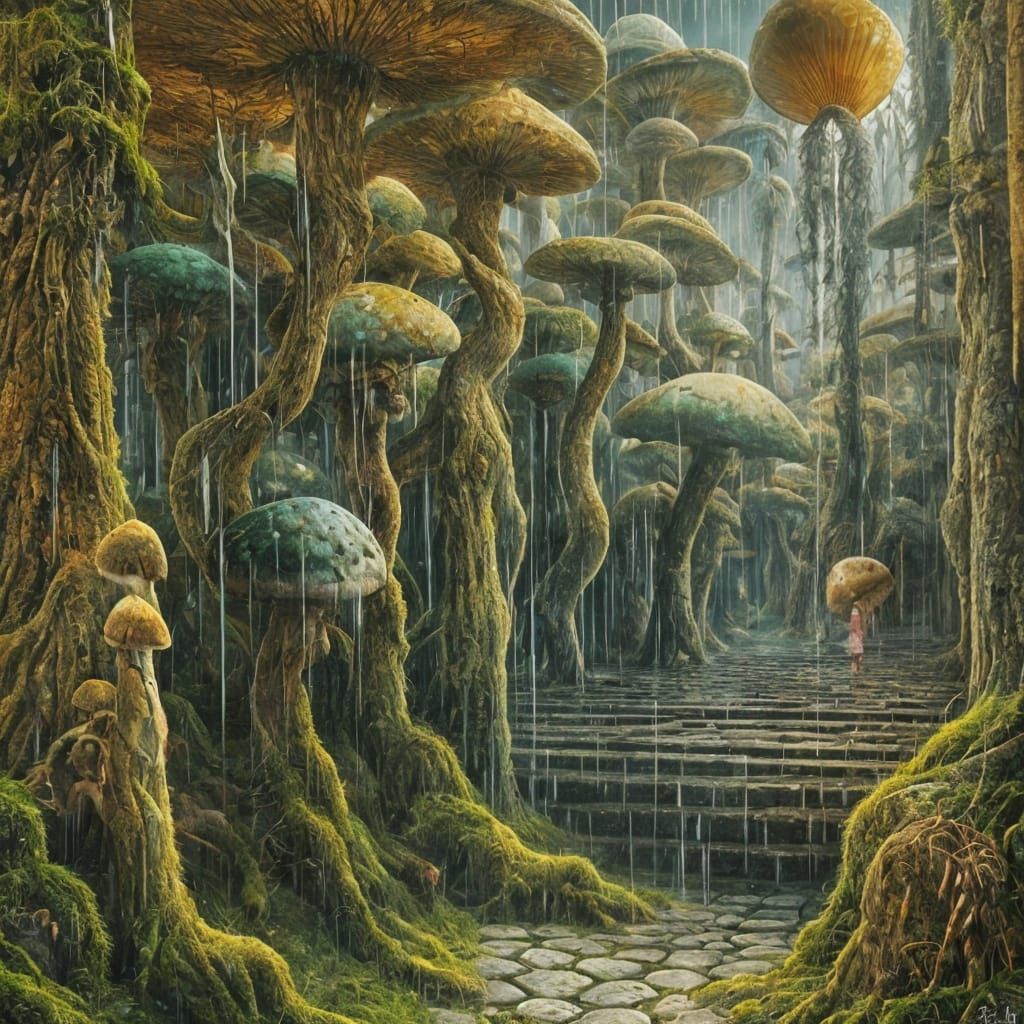 Giant Mushrooms Erupt on Cobbled Street at Night