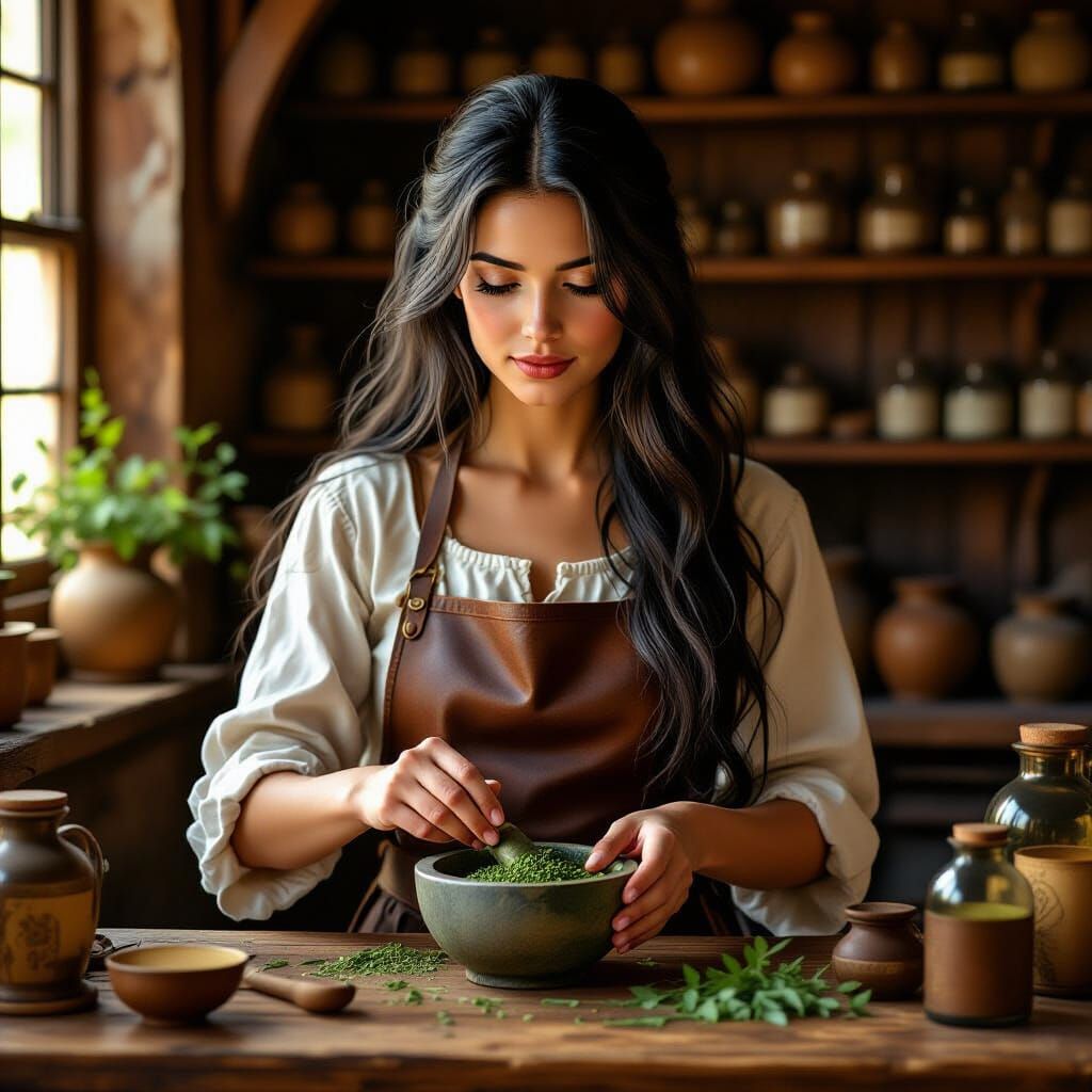 Medieval Apothecary Scene with Woman Grinding Herbs
