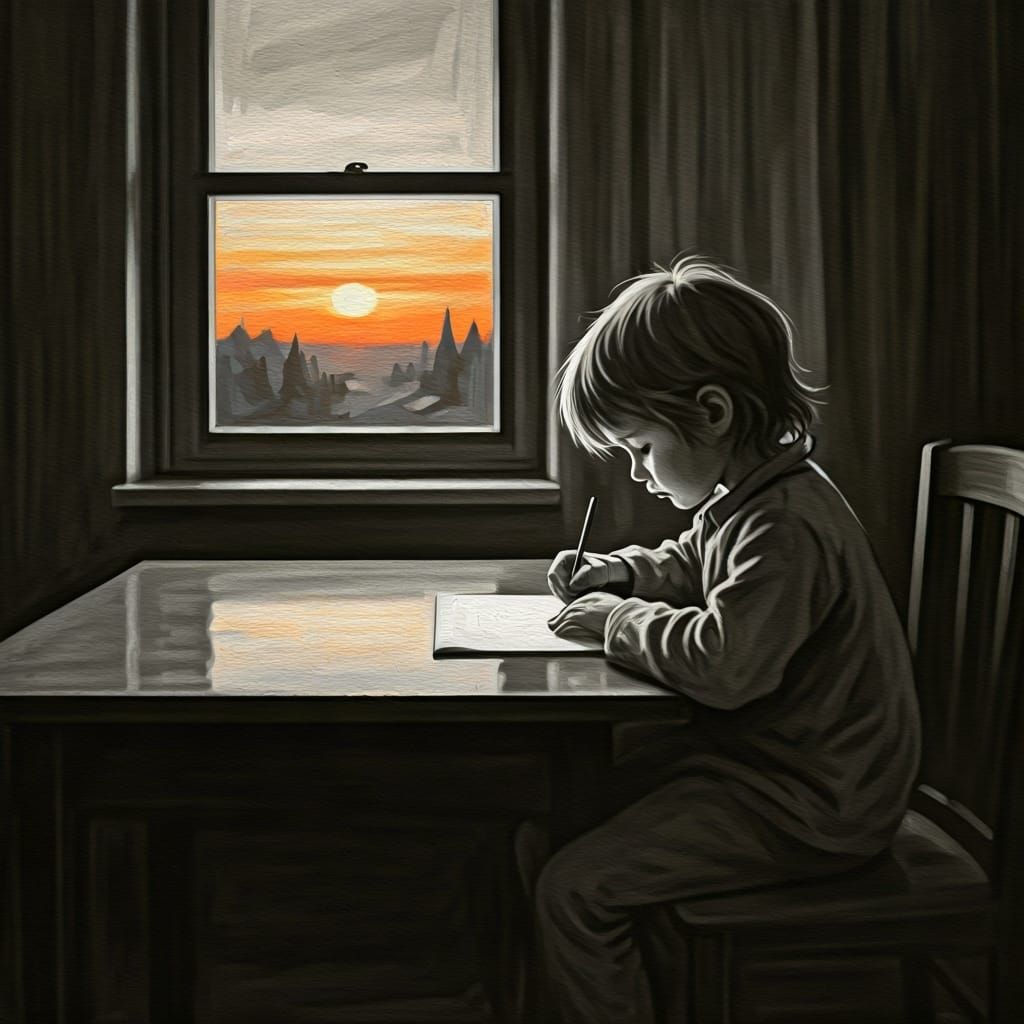 Child Writing: Charcoal Drawing with Dot of Hope