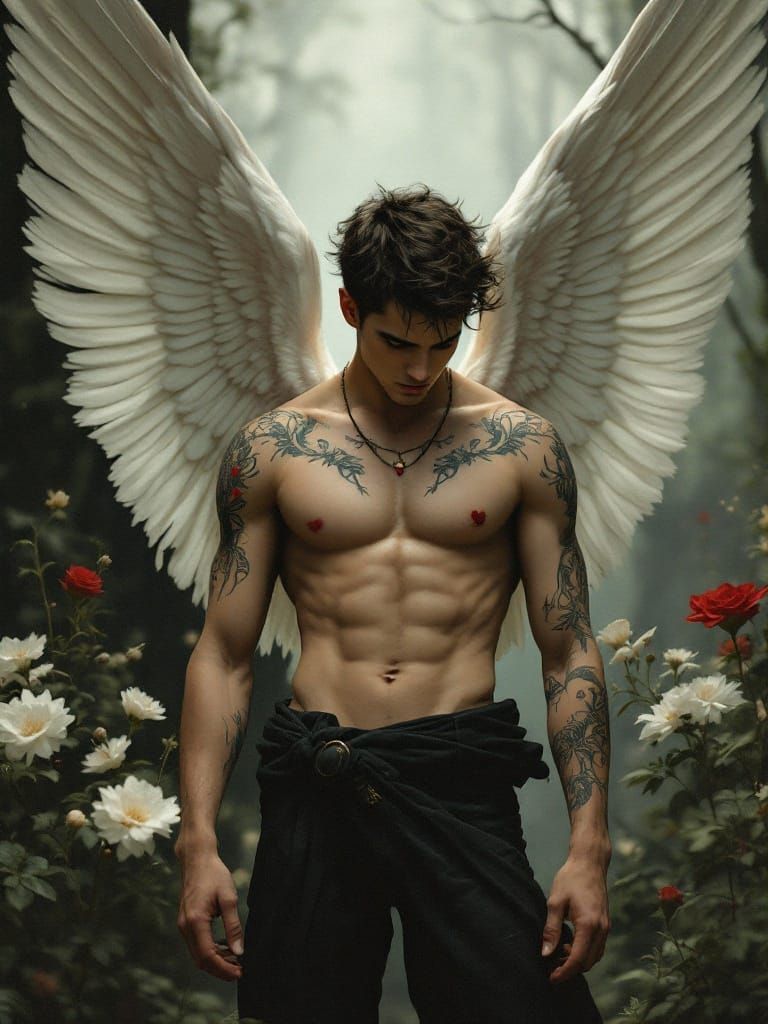 Surreal Fantasy Cupid with Wings and Heart Tattoos in Deep C...
